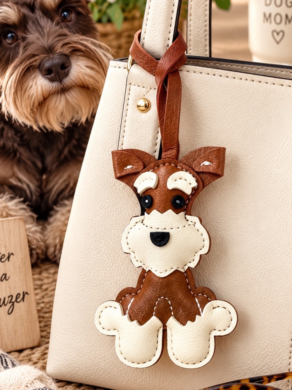 Schnauzer Dog Purse Charm Brown & White Faux Leather Bag Accessory